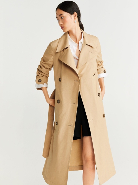 

MANGO Women Beige Solid Longline Double-Breasted Trench Coat