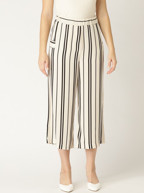 

MANGO Women Off-White & Black Striped Cropped Parallel Trousers