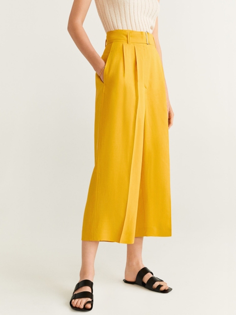 

MANGO Women Mustard Yellow Regular Fit Solid Cropped Parallel Trousers