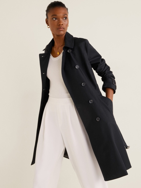 

MANGO Women Black Solid Double-Breasted Longline Trench Coat
