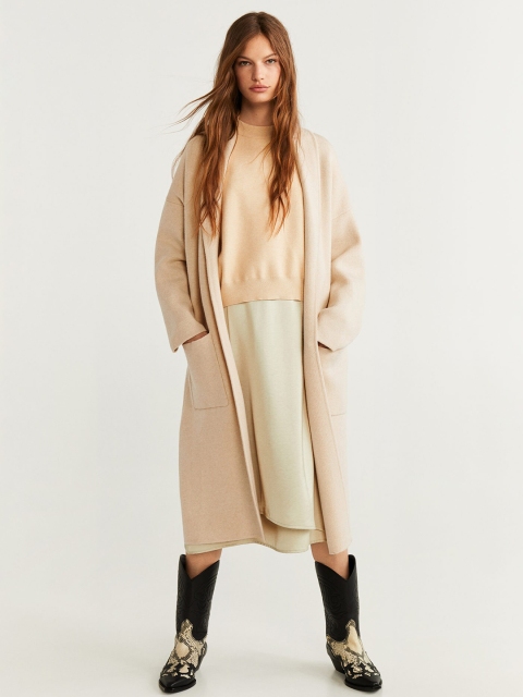 

MANGO Women Beige Solid Front-Open Longline Sweater