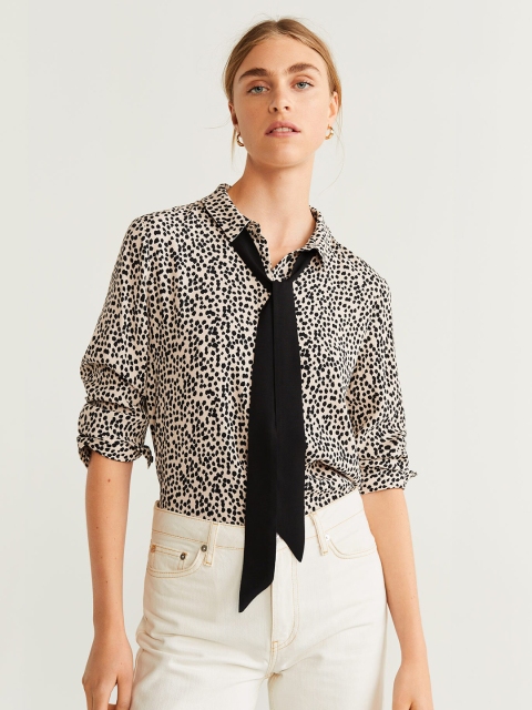 

MANGO Women Beige & Black Regular Fit Printed Casual Shirt