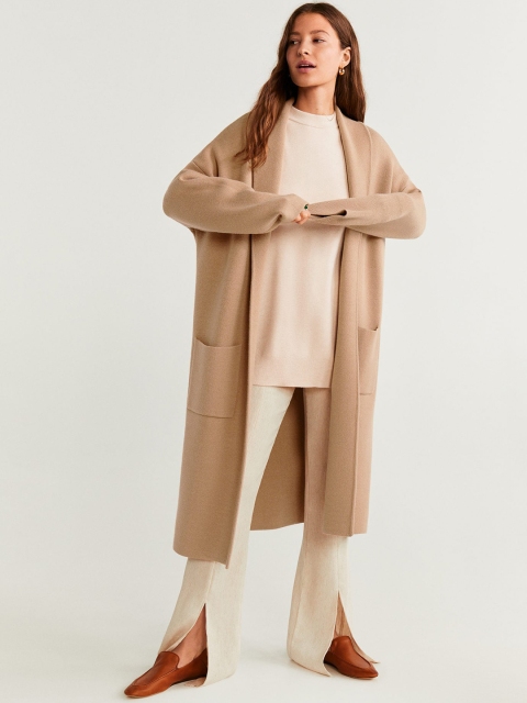 

MANGO Women Beige Solid Front-Open Longline Sweater