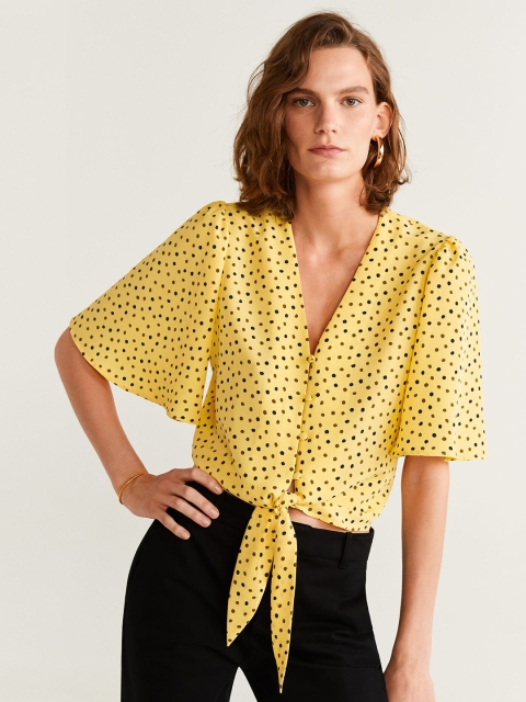 

MANGO Women Yellow & Black Printed Waist-Tie Top