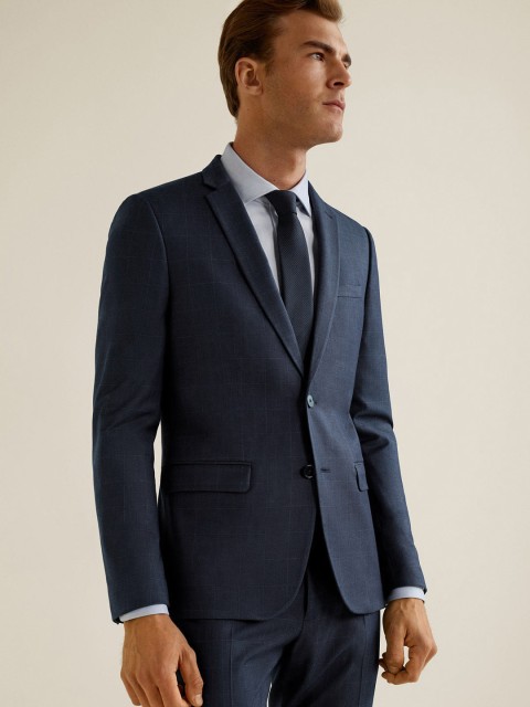 

MANGO MAN Navy Blue Solid Single-Breasted Self Checked Super Slim Fit Formal Blazer
