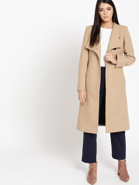 

MANGO Women Beige Solid Single-Breasted Overcoat