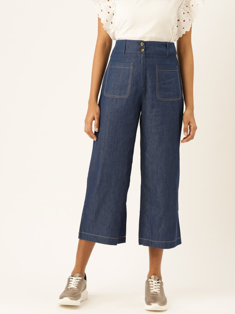 

MANGO Women Navy Blue Regular Fit Chambray High Rise Cropped Culottes