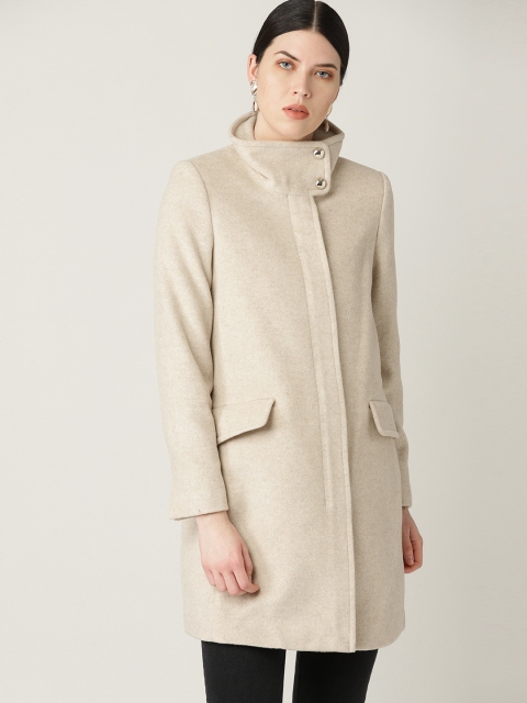 

MANGO Women Off-White Solid Single-Breasted Overcoat