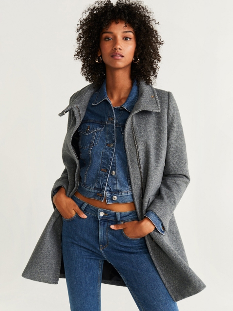 

MANGO Women Grey Solid Longline Coat