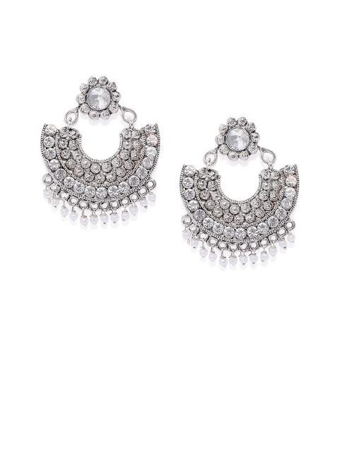 

Spargz Women Silver-Toned & White Rhodium-Plated AD Studded Oxidized Circular Chandbalis