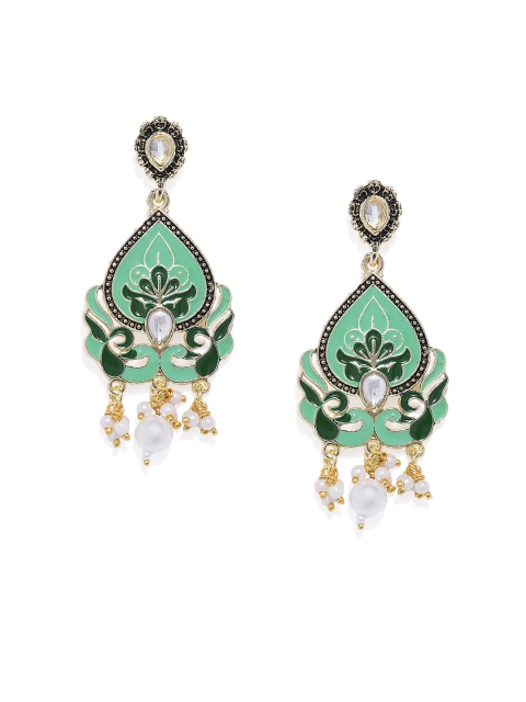 

Spargz Women Gold-Plated & Green Meenakari Oxidized Peacock Shaped Drop Earrings