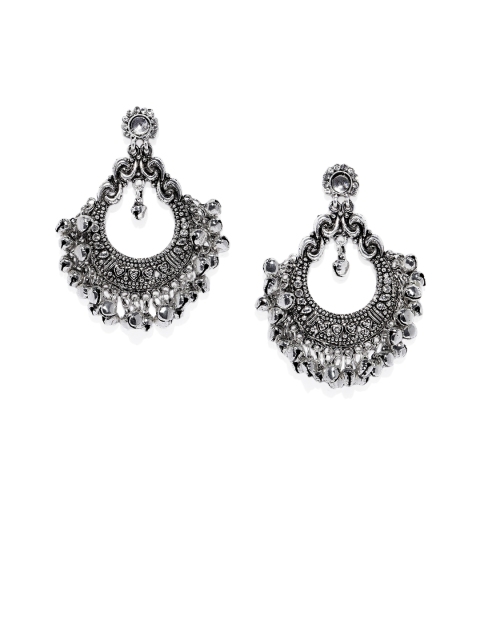 

Spargz Women Silver-Toned & White Circular Oxidized Rhodium-Plated AD Studded Chandbalis