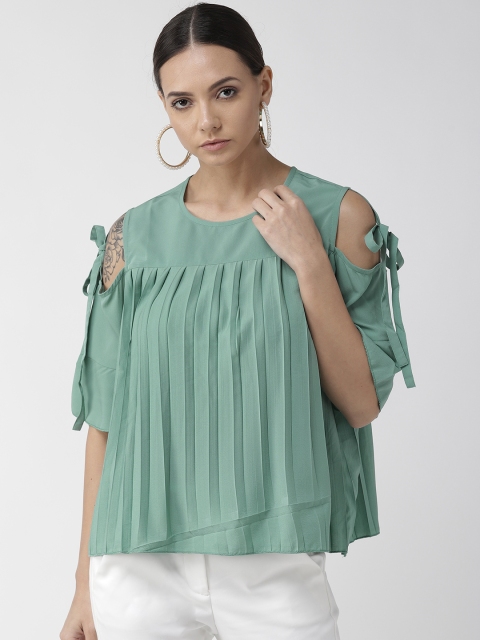 

plusS Women Sea Green Solid Accordion Pleats Boxy Top