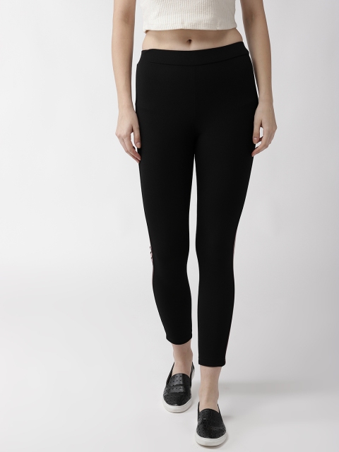 

plusS Women Black Solid Cropped Leggings with Side Taping Detail