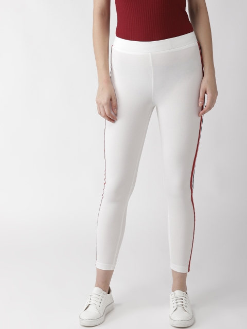 

plusS Women White Solid Cropped Leggings with Side Taping Detail