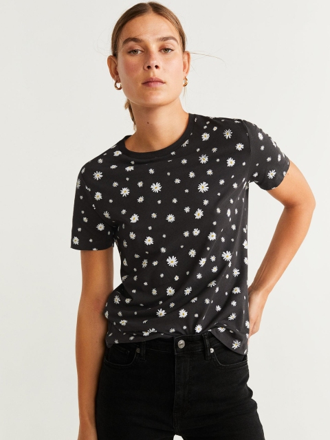 

MANGO Women Charcoal Grey & White Organic Cotton Printed Round Neck T-shirt