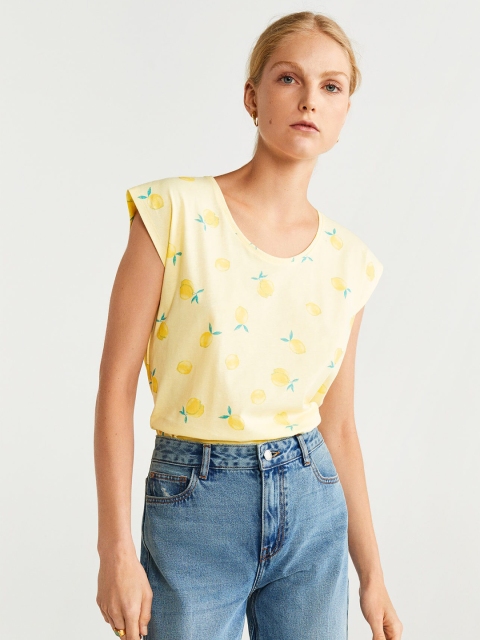 

MANGO Women Yellow Printed Round Neck T-shirt
