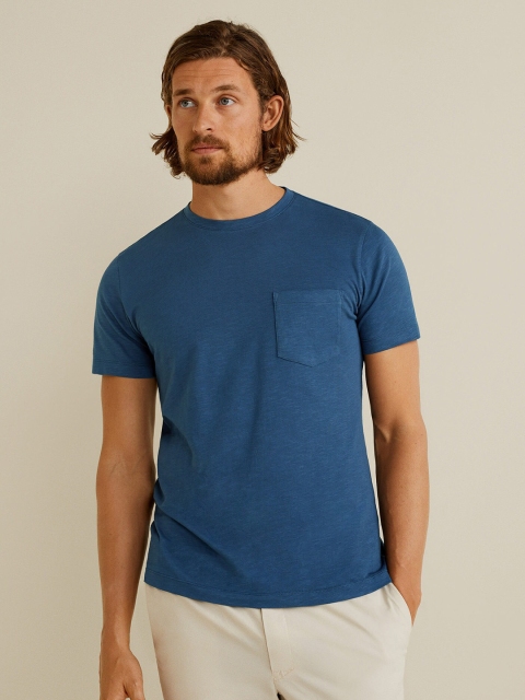 

MANGO MAN Men Navy Blue Solid Round Neck T-shirt