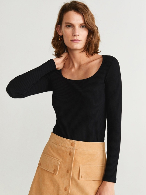 

MANGO Women Black Ribbed Regular Top