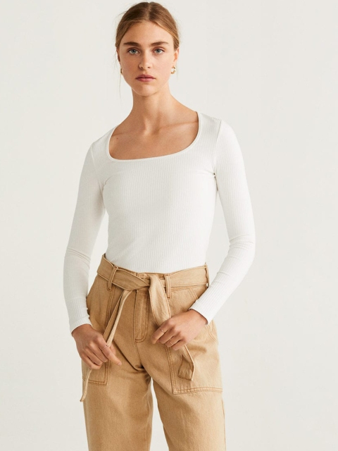 

MANGO Women White Self-Striped Fitted Top