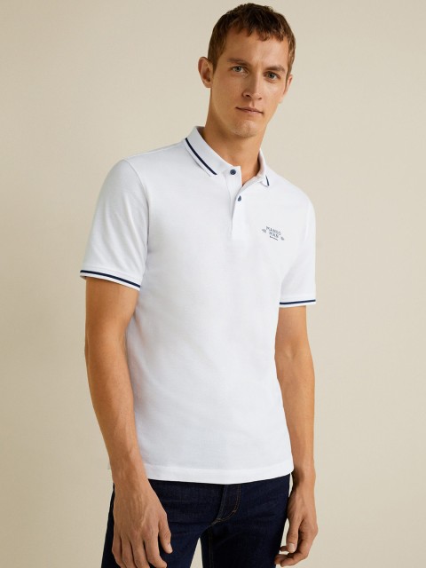 

MANGO MAN Men White Solid Polo Collar T-shirt