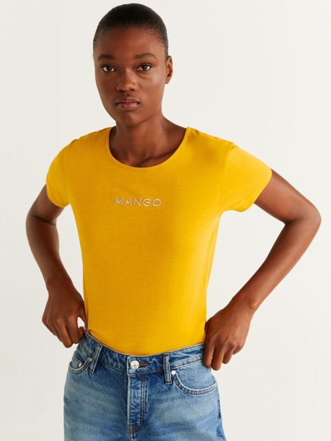 

MANGO Women Mustard Yellow Brand Logo Embroidered Detail Round Neck T-shirt