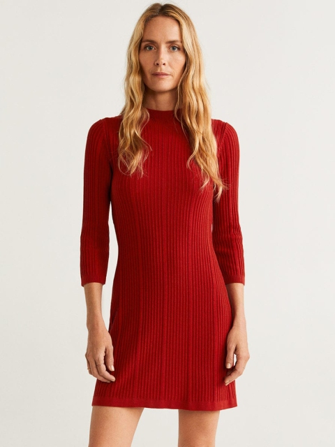 

MANGO Women Rust Orange Self-Striped Sweater Dress