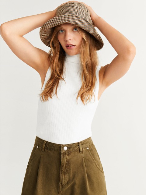 

MANGO Women Off-White Self-Striped Fitted Top