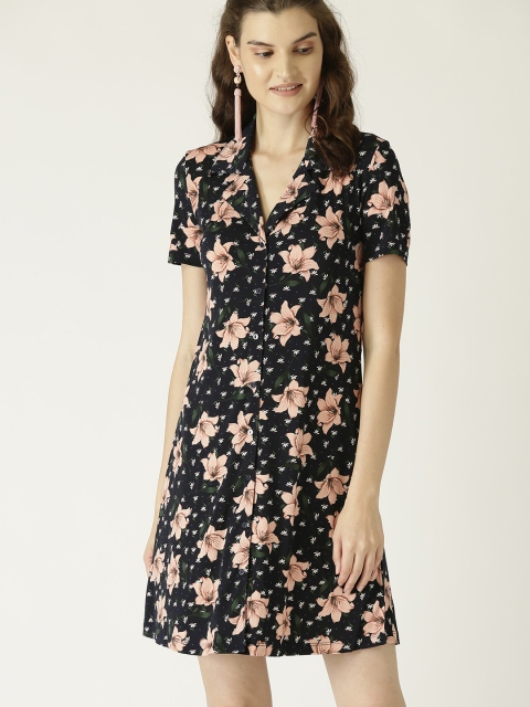 

MANGO Women Navy Blue & Peach-Coloured Floral Printed Shirt Dress
