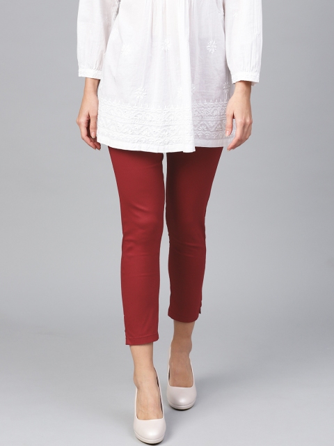 

ANAISA Women Maroon Smart Slim Fit Solid Cigarette Cropped Trousers