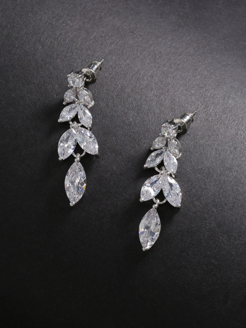 

Carlton London Silver-Toned Rhodium-Plated CZ-Studded Leaf Shaped Drop Earrings