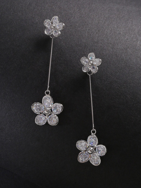 

Carlton London Silver-Toned Rhodium-Plated CZ-Studded Floral Drop Earrings