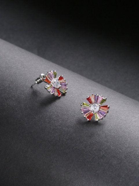 

Carlton London Silver-Toned & Pink Rhodium-Plated CZ-Studded Floral Studs