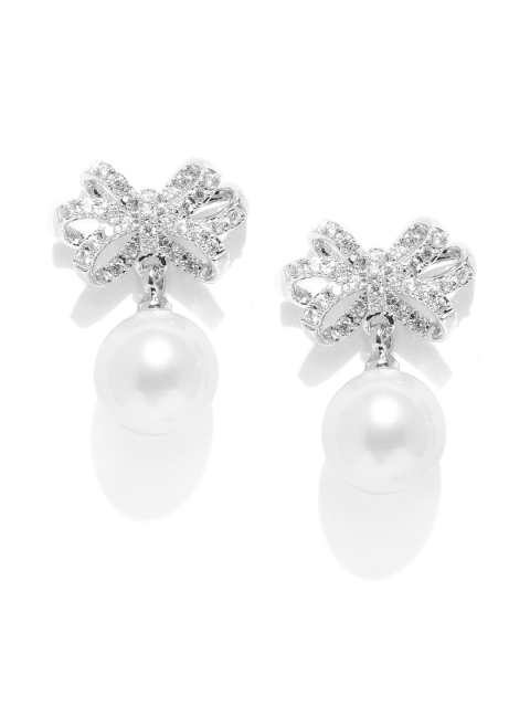 

Carlton London Silver-Toned & White Rhodium-Plated Stone-Studded Bow Shaped Drop Earrings