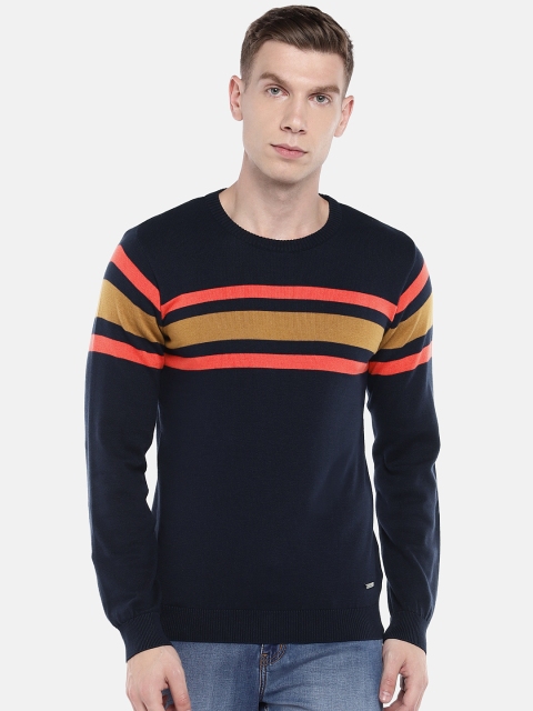 

Globus Men Navy Blue & Yellow Striped Pullover Sweater
