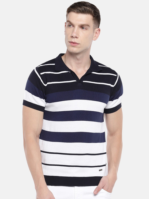 

Globus Men Navy Blue & White Striped Polo Collar T-shirt