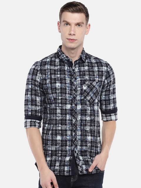 

Globus Men Navy Blue & Grey Regular Fit Checked Casual Shirt