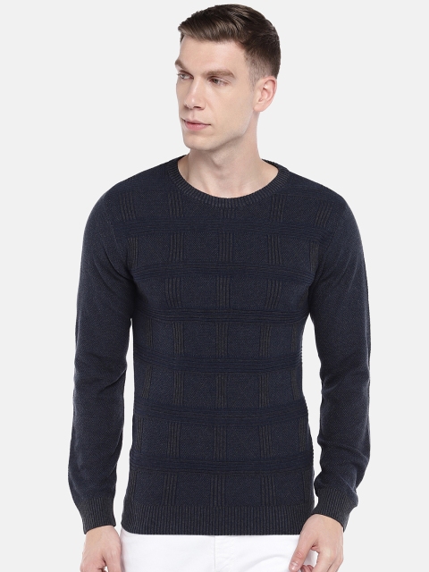 

Globus Men Navy Blue & Grey Checked Pullover Sweater
