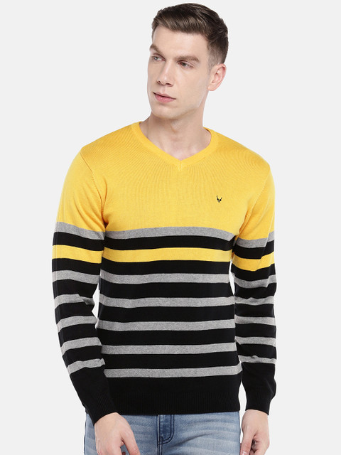 

Globus Men Yellow & Black Striped Pullover Sweater
