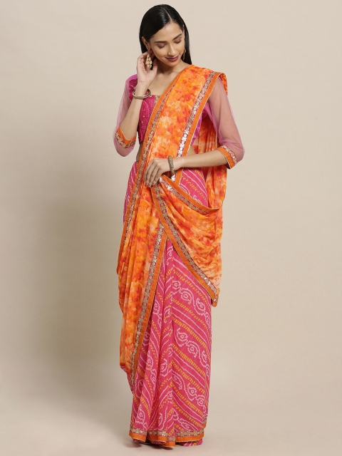 

Shaily Pink & Orange Pure Georgette Printed Bandhani Saree