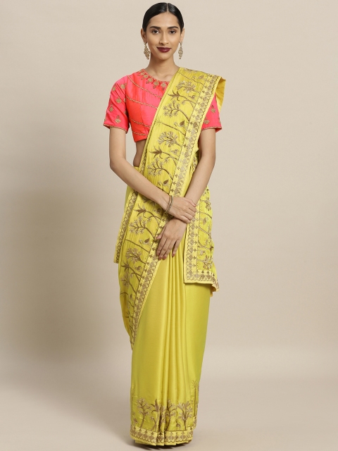 

Shaily Yellow Solid Satin Saree