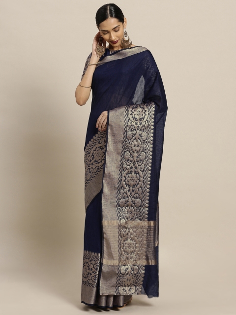 

Shaily Navy Blue & Gold-Toned Pure Linen Woven Design Saree