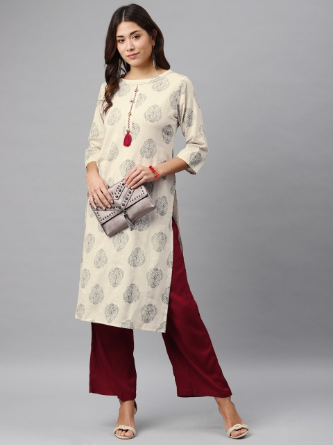 

Soch Women Cream-Coloured & Maroon Printed Kurta with Palazzos