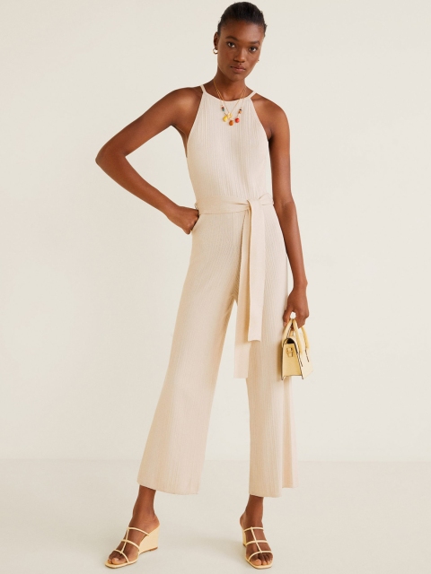 

MANGO Women Cream-Coloured Self-Striped Basic Jumpsuit