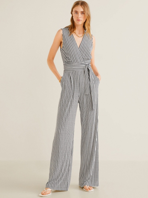 

MANGO Women White & Black Striped Basic Jumpsuit With Waist-Tie-Ups