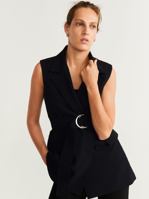 

MANGO Women Black Solid Double-Breasted Wrap Coat
