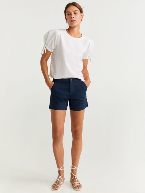 

MANGO Women Navy Blue Solid Regular Fit Mid-Rise Chino Shorts