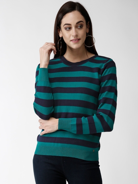 

Madame Women Teal Green & Navy Blue Striped Pullover