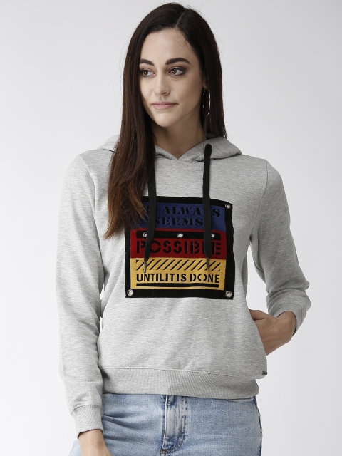 

Madame Women Grey Melange Solid Hooded Sweatshirt