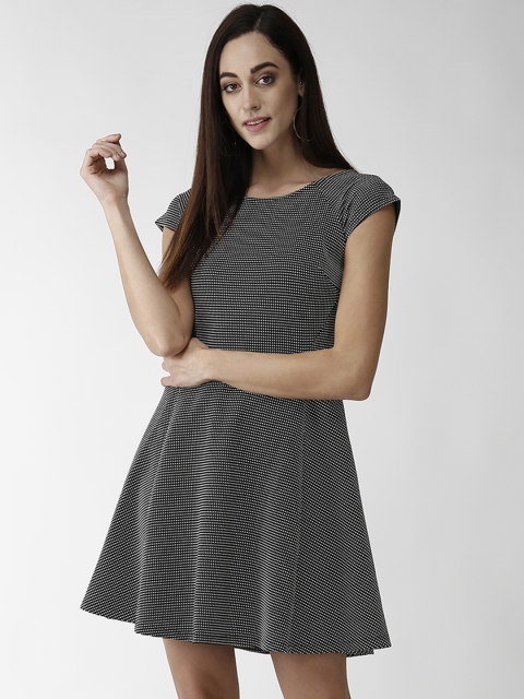

Madame Women Black & White Self Design Fit & Flare Dress